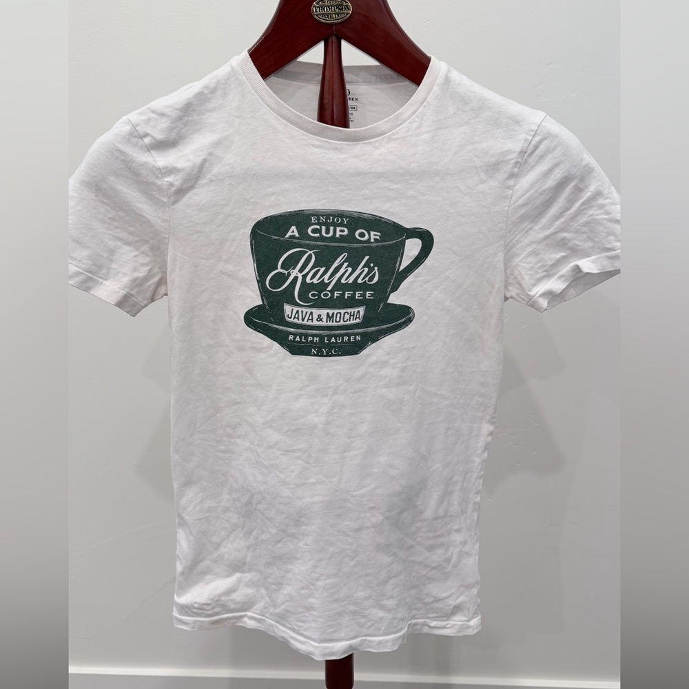 Ralph Lauren White Tee with Dark Green Coffee Cup Graphic